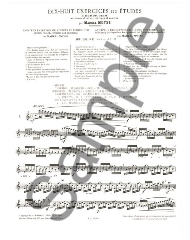 Marcel Moyse : 18 Exercises ou Études de Berbiguier