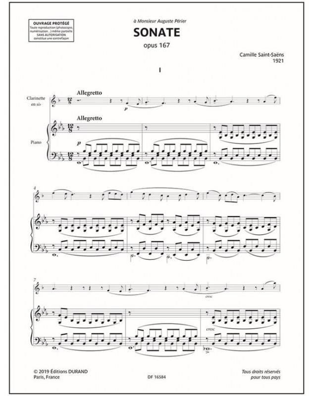 Sonate Opus 167 - Partition Clarinette et Piano - Camille Saint-Saëns