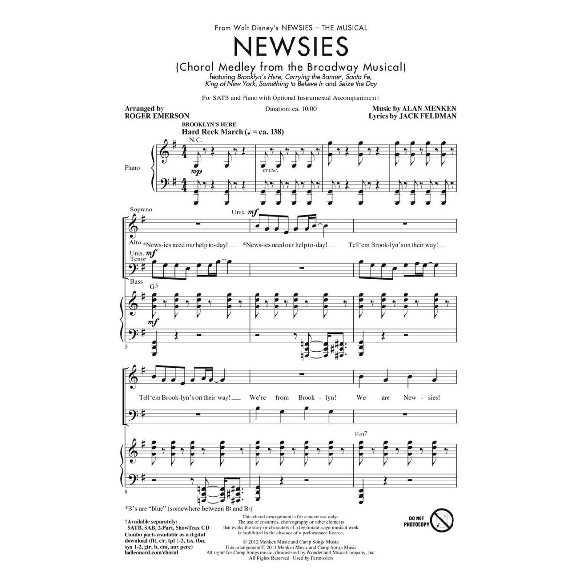 Alan Menken Newsies Choral Medley from the Broadway Musical Roger Emerson  Choeur CD Broadway Choral TV, Film, Comédie musicale 