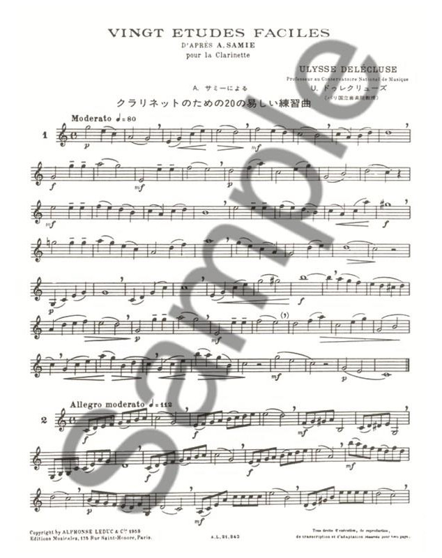 Ulysse Delécluse 20 Etudes Faciles - D'Apres A. Samie pour Clarinette - éditions Alphonse Leduc
