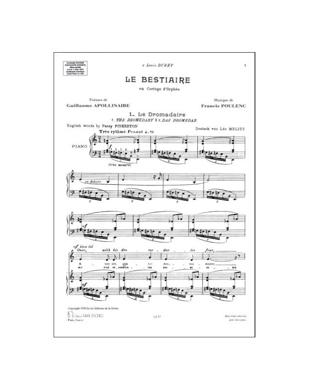 Poulenc : Le Bestiaire ou Cortège d'Orphée pour Chant et Piano éditions Eschig