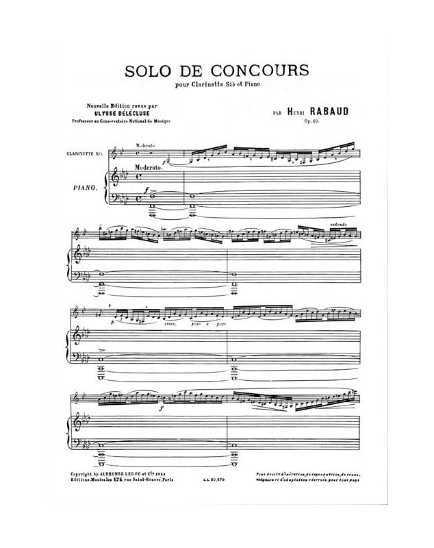 Henri Rabaud : Solo De Concours Pour Clarinette et Piano