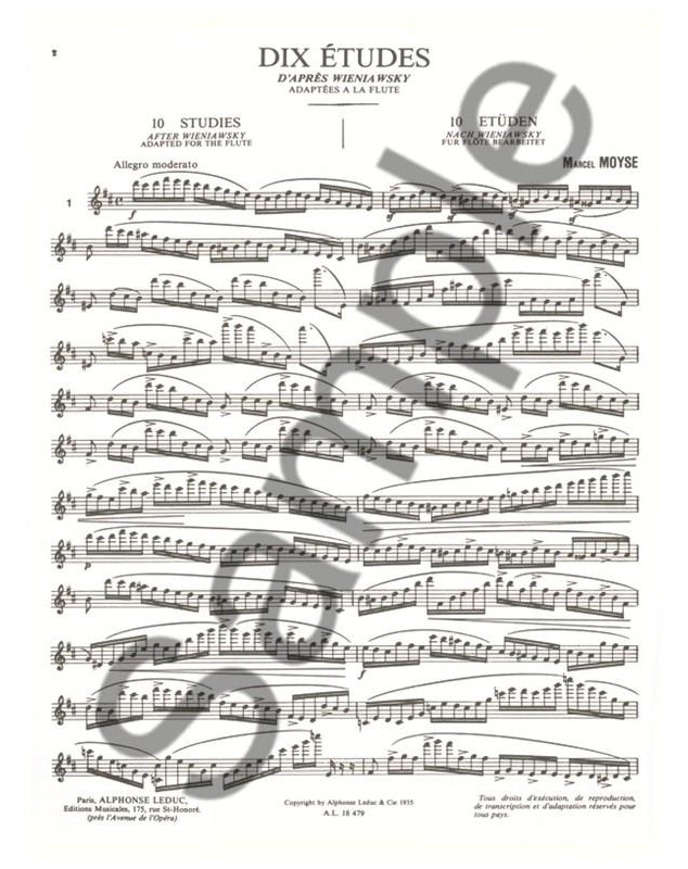 Marcel Moyse : 10 Etudes d'après Wieniawsky - éditions Alphonse Leduc