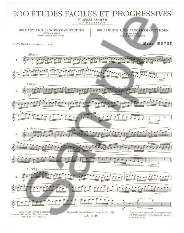 Moyse Marcel : 100 Etudes Faciles et Progressives Vol. 1 d'après Cramer - éditions Alphonse Leduc