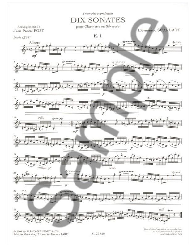 Scarlatti : 10 Sonates arrangées pour clarinette seule - éditions Alphonse Leduc