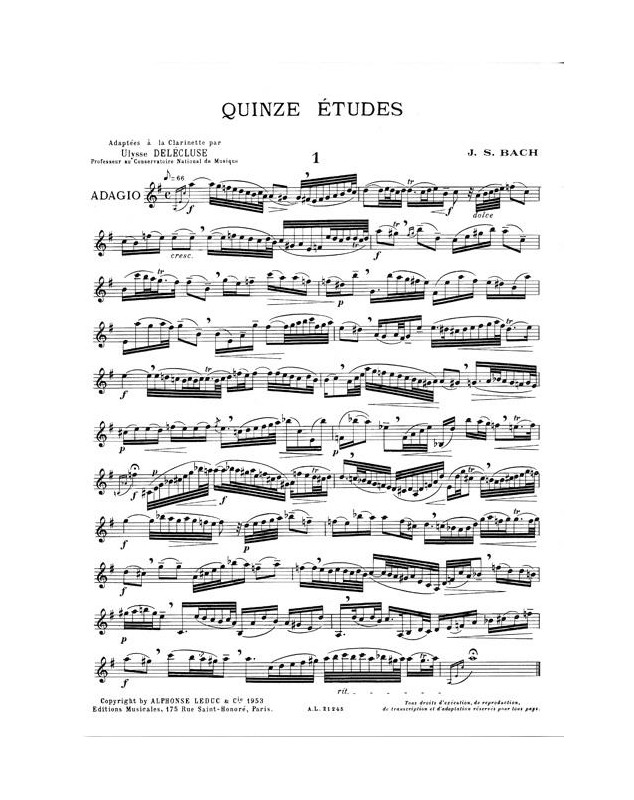 Bach : 15 Études pour Clarinette - éditions Alphonse Leduc