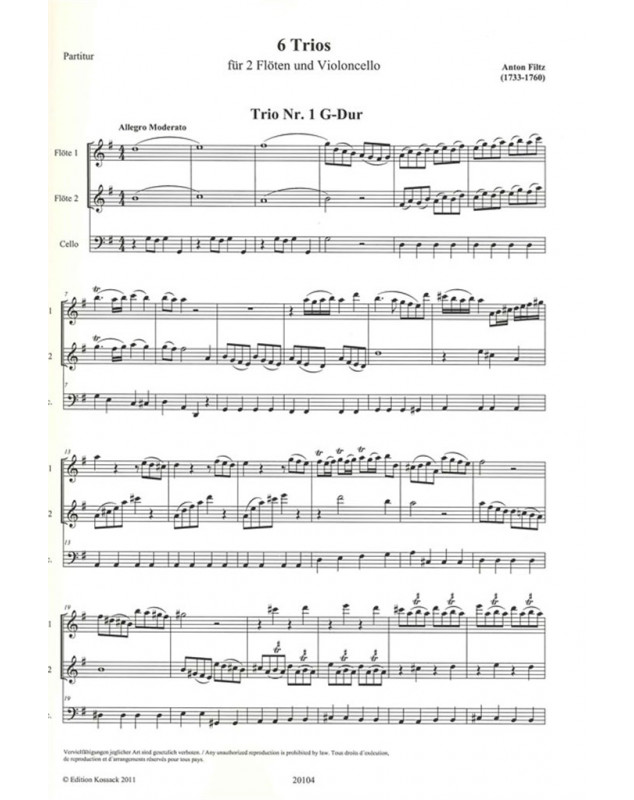Anton FILTZ : 6 Trios Volume 1 Pour 2 Flûtes Traversières et Violoncelle