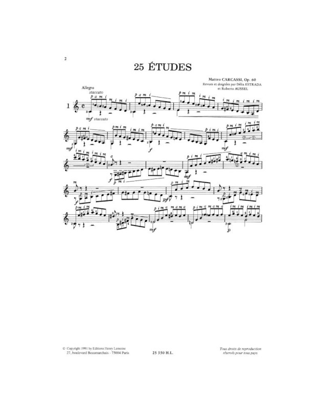 25 Etudes Op.60 pour Guitare - Matteo Carcassi - Henry Lemoine