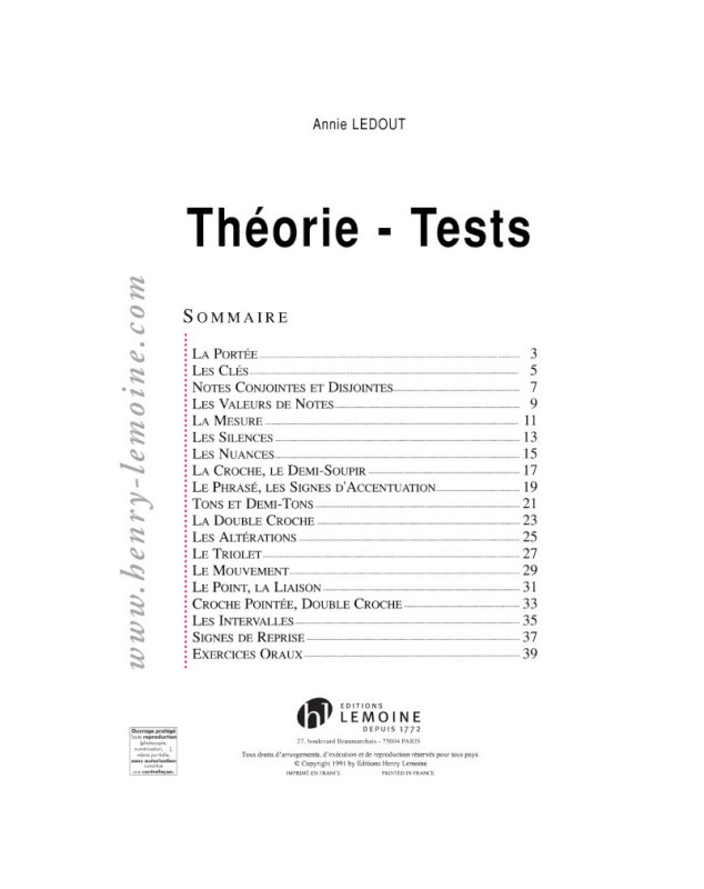 Théorie-tests Volume 1 - Annie Ledout - Editions Henry Lemoine