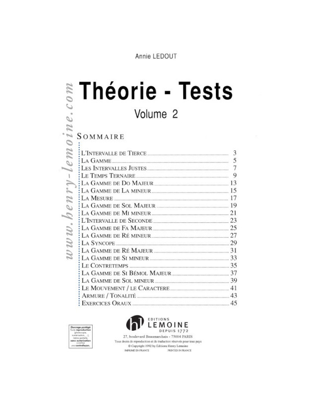 Théorie-tests Volume 2 - Annie Ledout :  - Editions Henry Lemoine