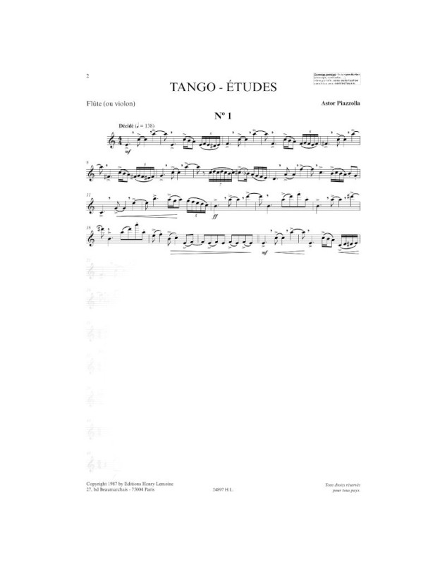 6 Tango Etudes - Astor Piazzolla - Flute et Piano - Henry Lemoine