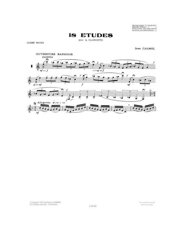 Jean Calmel :18 Etudes pour Clarinette