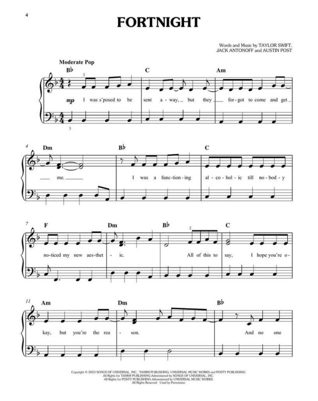 Taylor Swift : The Tortured Poets Department Recueil pour Piano Facile