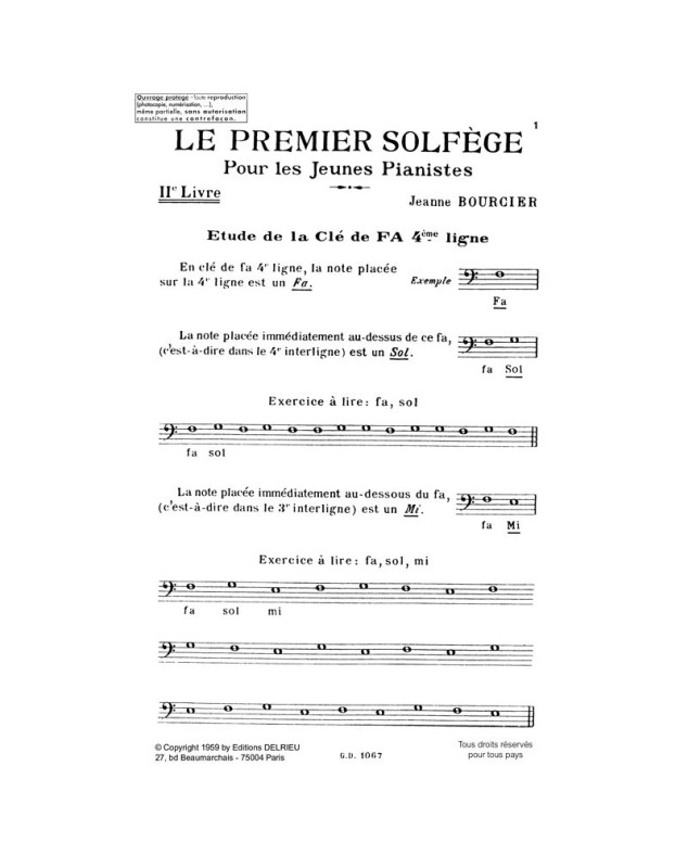 Jeanne Bourcier : Le Premier solfège Vol.2 - Clé de Fa