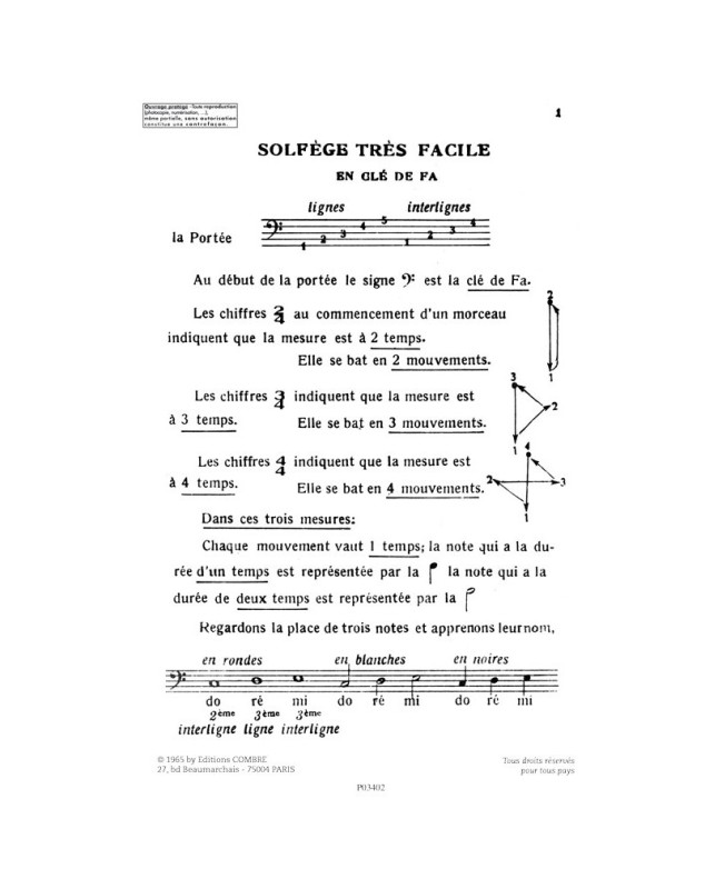Solfège des débutants - clé de fa - Henri Classens - Editions Combre