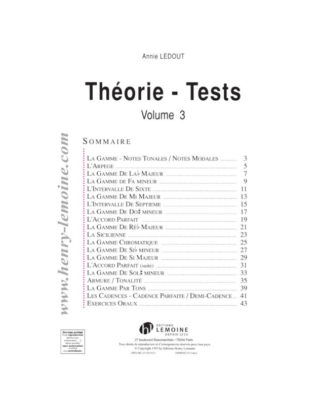 Théorie-tests Vol.3 - Annie Ledout - Editions Henry Lemoine