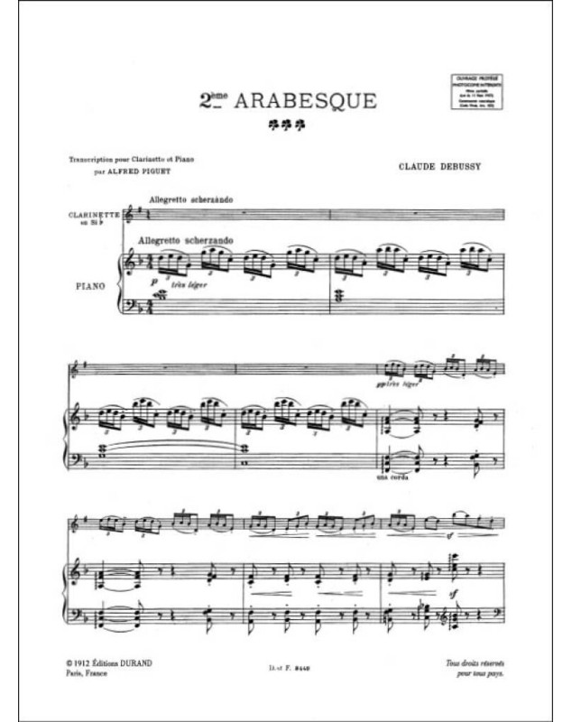 Claude Debussy : Deuxième (2eme) Arabesque pour Clarinette et Piano