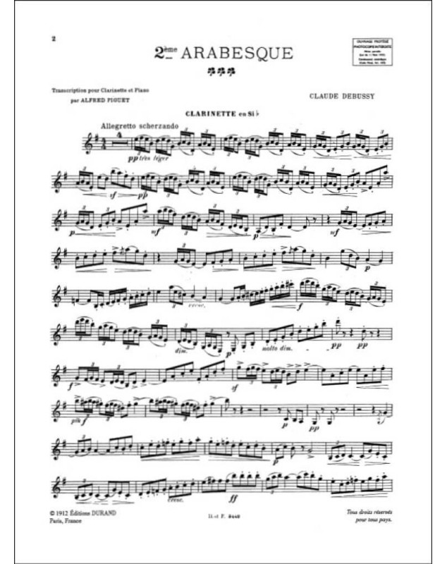 Claude Debussy : Deuxième (2eme) Arabesque pour Clarinette et Piano