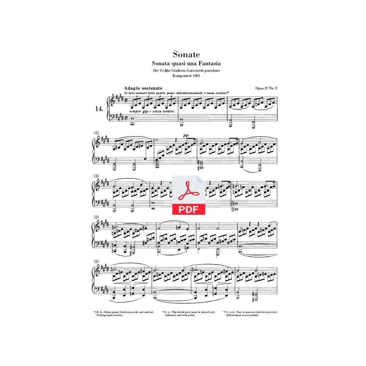 Sonate N° 14 au Clair de lune, en ut dièse mineur Opus 27 n° 2 - Beethoven
