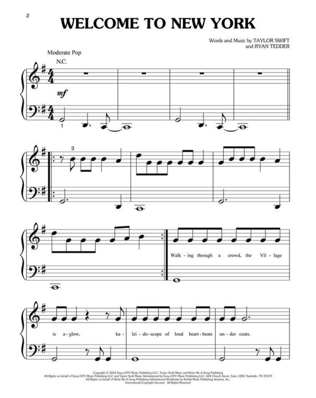 Taylor Swift - 1989 - Partitions pour Piano Facile - Big Note