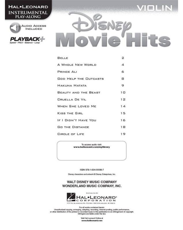 Disney Movie Hits - Partitions Faciles pour  Violon + Audios - Hal Leonard