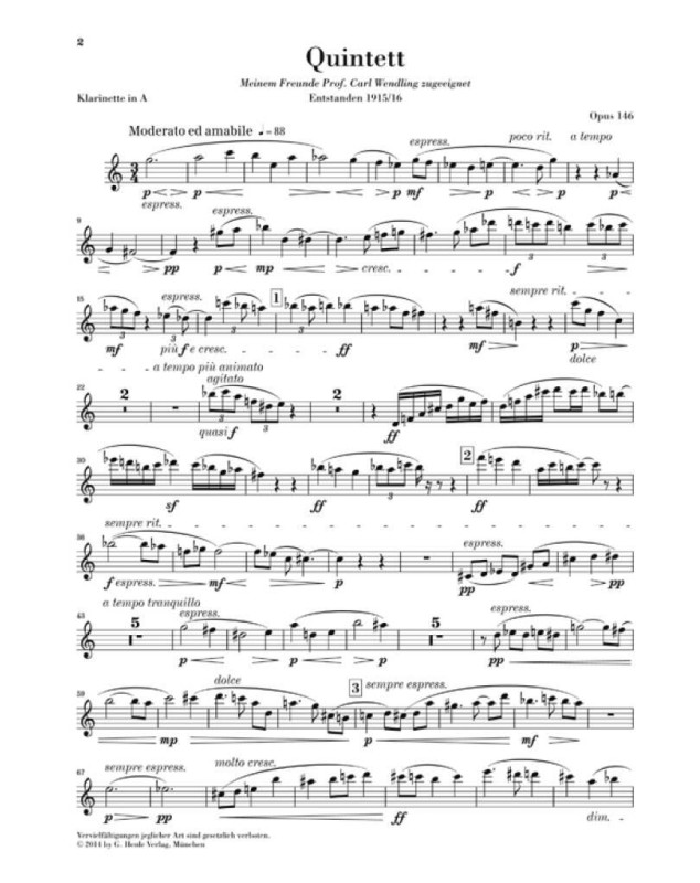 Max Reger : Quintette pour Clarinette et cordes op. 146 - Klarinettenquintett A-dur op. 146