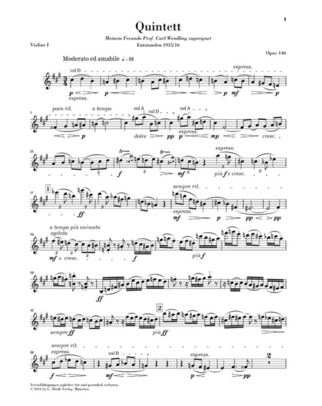 Max Reger : Quintette pour Clarinette et cordes op. 146 - Klarinettenquintett A-dur op. 146