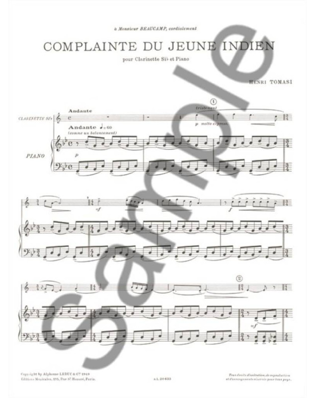 Henry Tomasi : Complainte du Jeune Indien - Clarinette et Piano