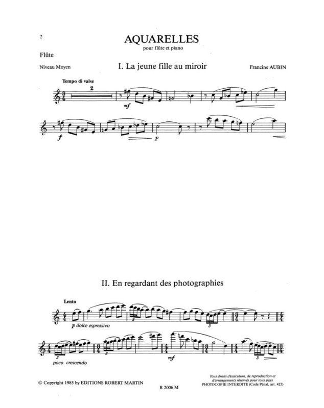 Aquarelles - Flute et Piano - Francine Aubin - Editions Robert Martin