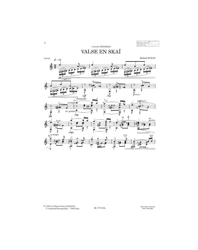Valse En Skai - Pour Guitare - Roland Dyens - Editions Henry Lemoine