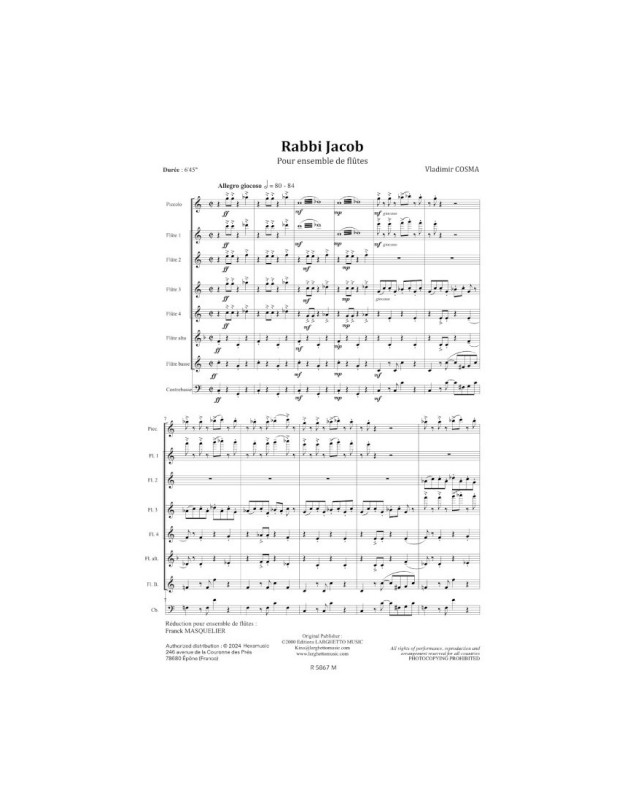 Rabbi Jacob - Partition pour Ensemble de Flûtes - Editions Robert Martin
