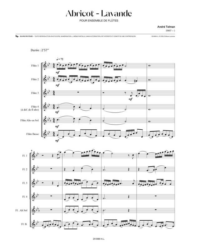 Abricot-Lavande - André Telman - Ensemble de Flûtes - Editions Henry Lemoine