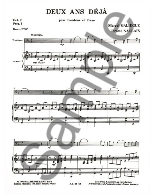 Deux Ans Déjà - Trombone et Piano - Galiègue Naulais - Alphonse Leduc