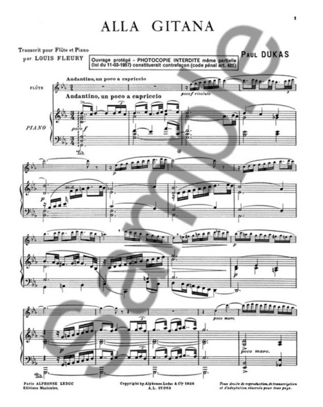 Alla Gitana - Flûte et Piano - Paul Dukas - Editions Alphonse Leduc