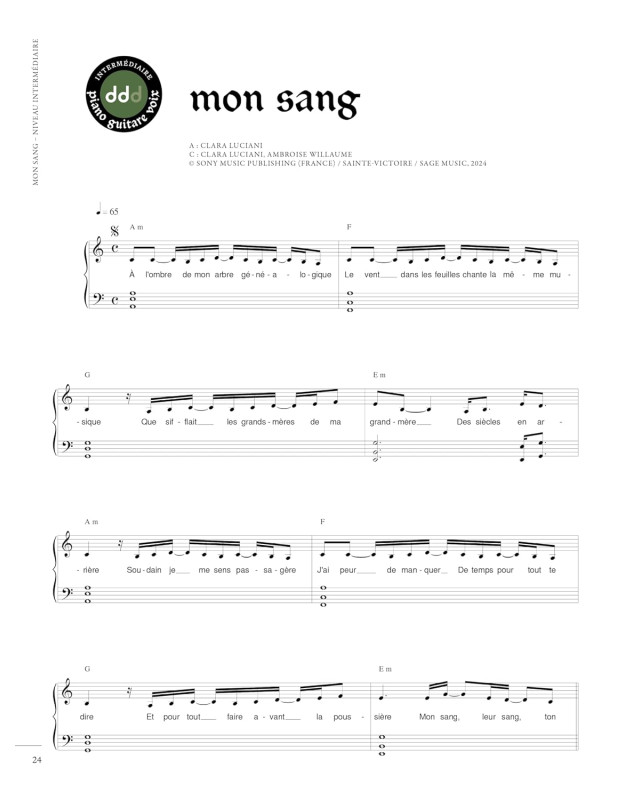 Clara Luciani : Mon Sang - Partitions Piano, Voix et Guitare - Aede Music