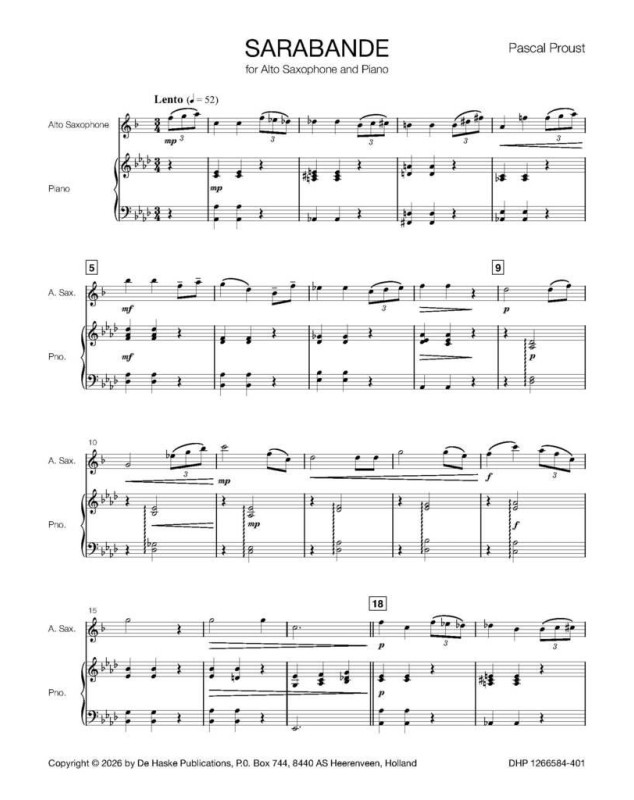 Sarabande - Pascal Proust - Saxophone Alto - De Haske