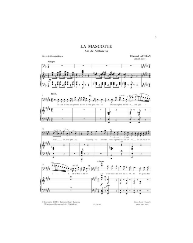 Airs d'opérettes - Baryton et Piano - Editions Henry Lemoine