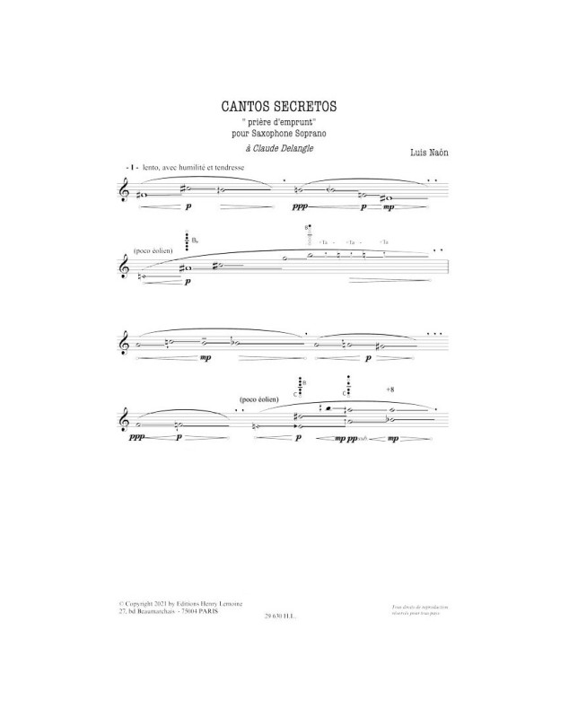 Cantos Secretos - Prière d'emprunt - Luis Naon - Saxophone Soprano