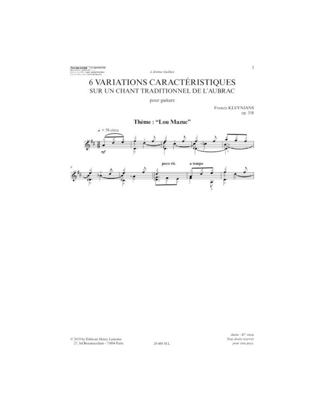 Francis Kleynjans : Six (6) Variations Caractéristiques - Guitare