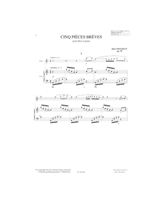 Jules Mouquet : Cinq (5) Pièces brèves Op.39  - Flûte et Piano