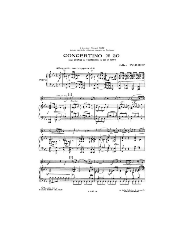 Julien Porret : Concertino N°20 Pour Trompette sib ou Ut et Pian