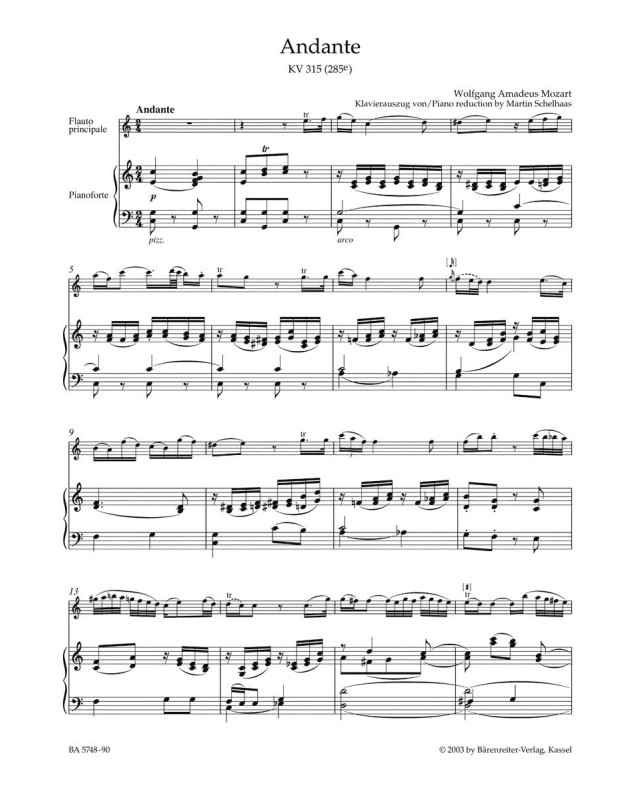 Mozart : Andante en do KV 315 - Flûte et Piano - Barenreiter