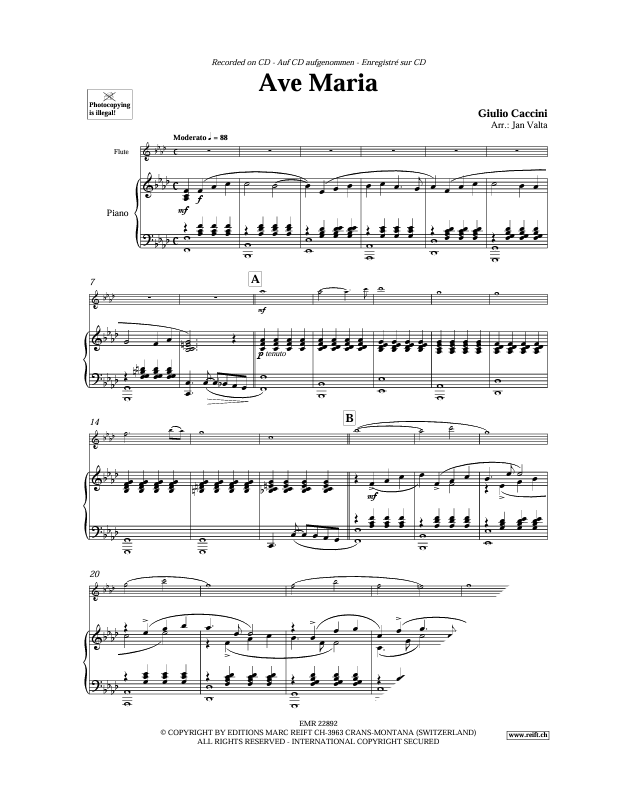 Giulio Caccini : Ave Maria Partition pour Flûte et Piano