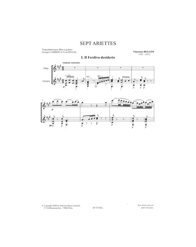 Vincenzo Bellini : 7 Ariettes - Flûte et Guitare