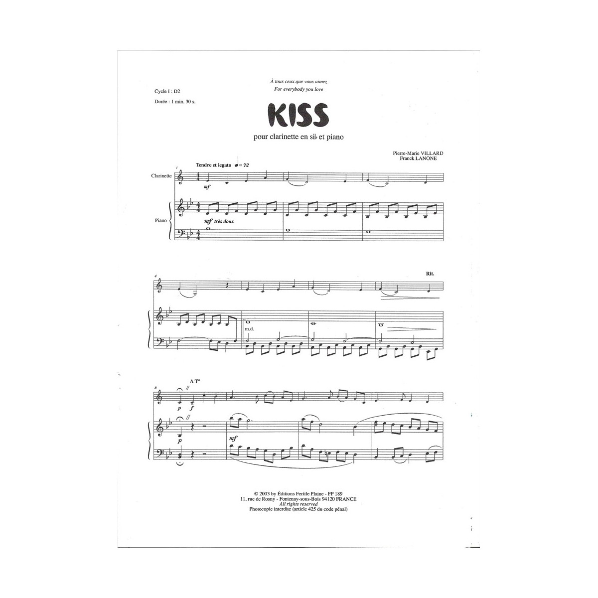 Kiss - Clarinette et Piano - Editions Fertile Plaine